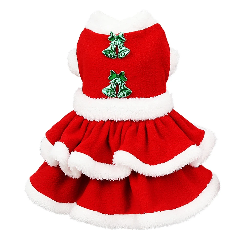 Christmas Dog Girls Costume Dress Puppy Warm Fleece Skirt Clothes Autumn Winter Clothes Pet Dog Red Skirt Fancy Dress Warm