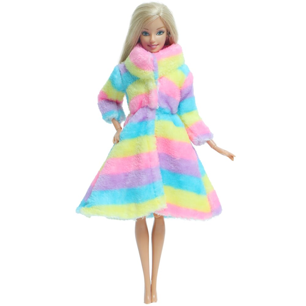 1 Set Long Sleeves Colourful Soft Fur Coat Robe Warm Winter Dress Casual Wear Accessories Clothes for Barbie Doll DIY Toys
